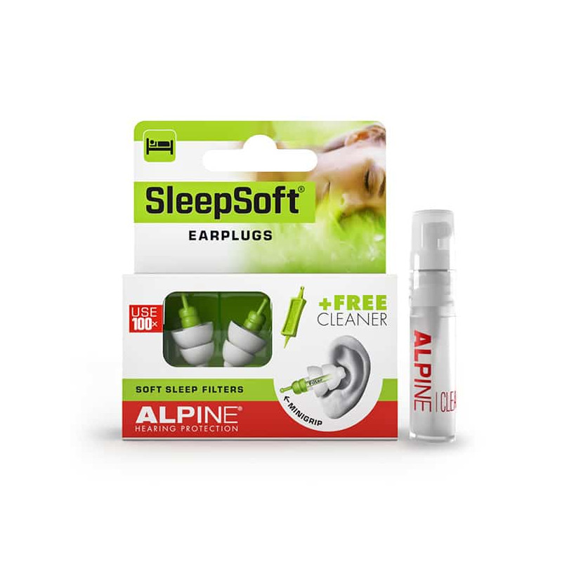 Alpine Sleepsoft & Clean, korvatulpat ja korvatulppien puhdistusspray setti